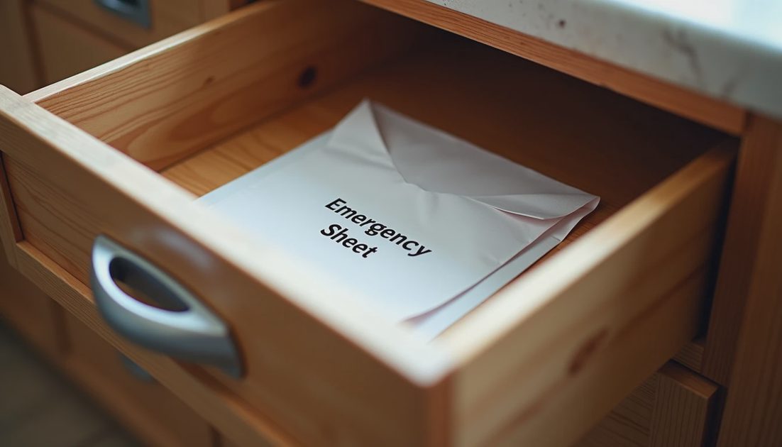 Sealed family emergency sheet stored in a kitchen drawer
