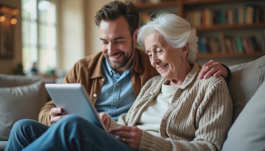 Adult child and parent reviewing official scam report together