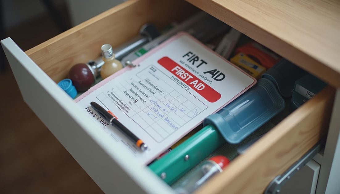 Prepared household emergency drawer with evidence folder and contact sheet