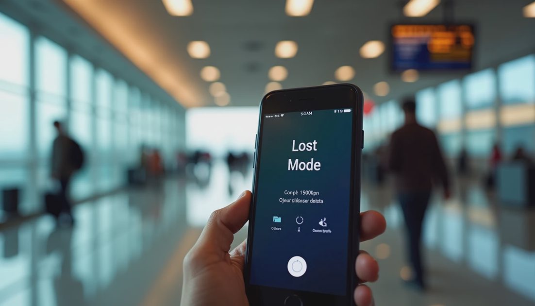 Phone in Lost Mode with airport departure board in background