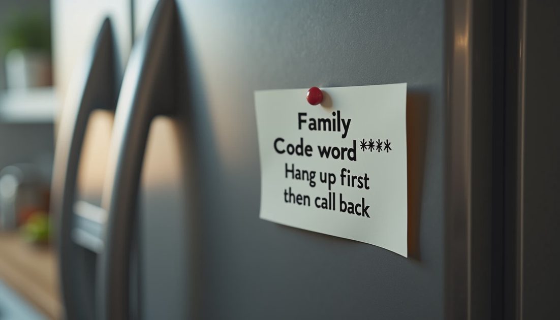 Family code word reminder magnet on refrigerator